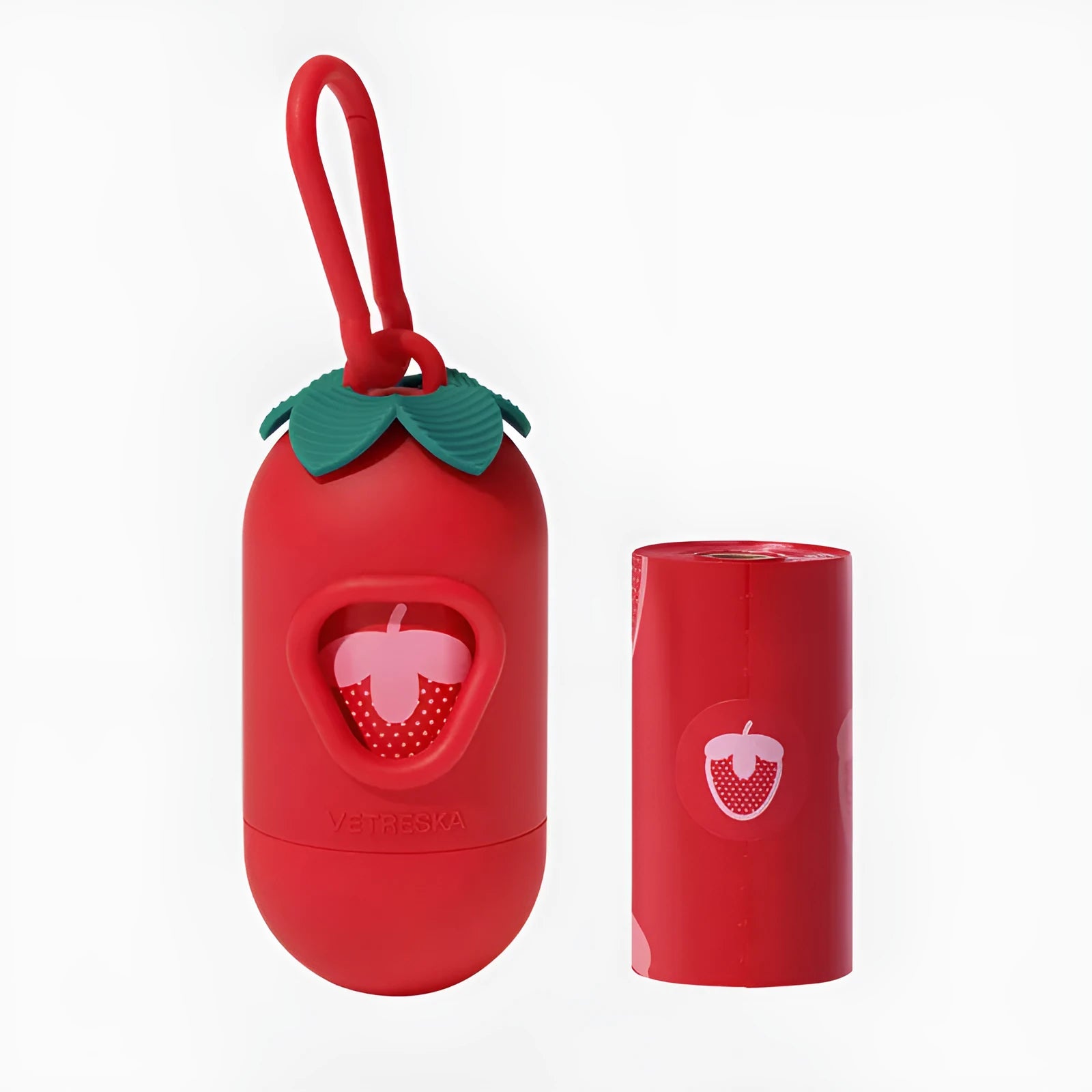 Dog waste disposal capsule with biodegradable bags in strawberry, orange, and cherry blossom colour options