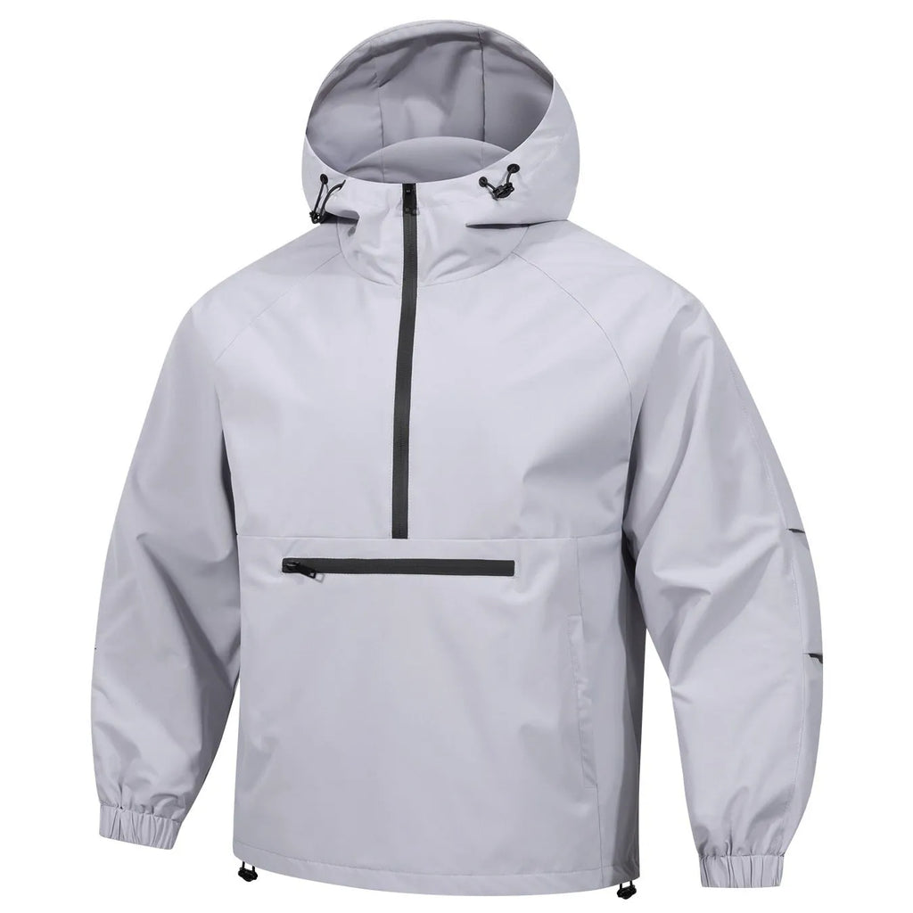Men's loose light grey rabbit fur corduroy half-zip hooded sweater jacket, Korean style.