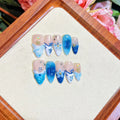 Blue hand-painted carved transparent ice fake nails in plastic material for women