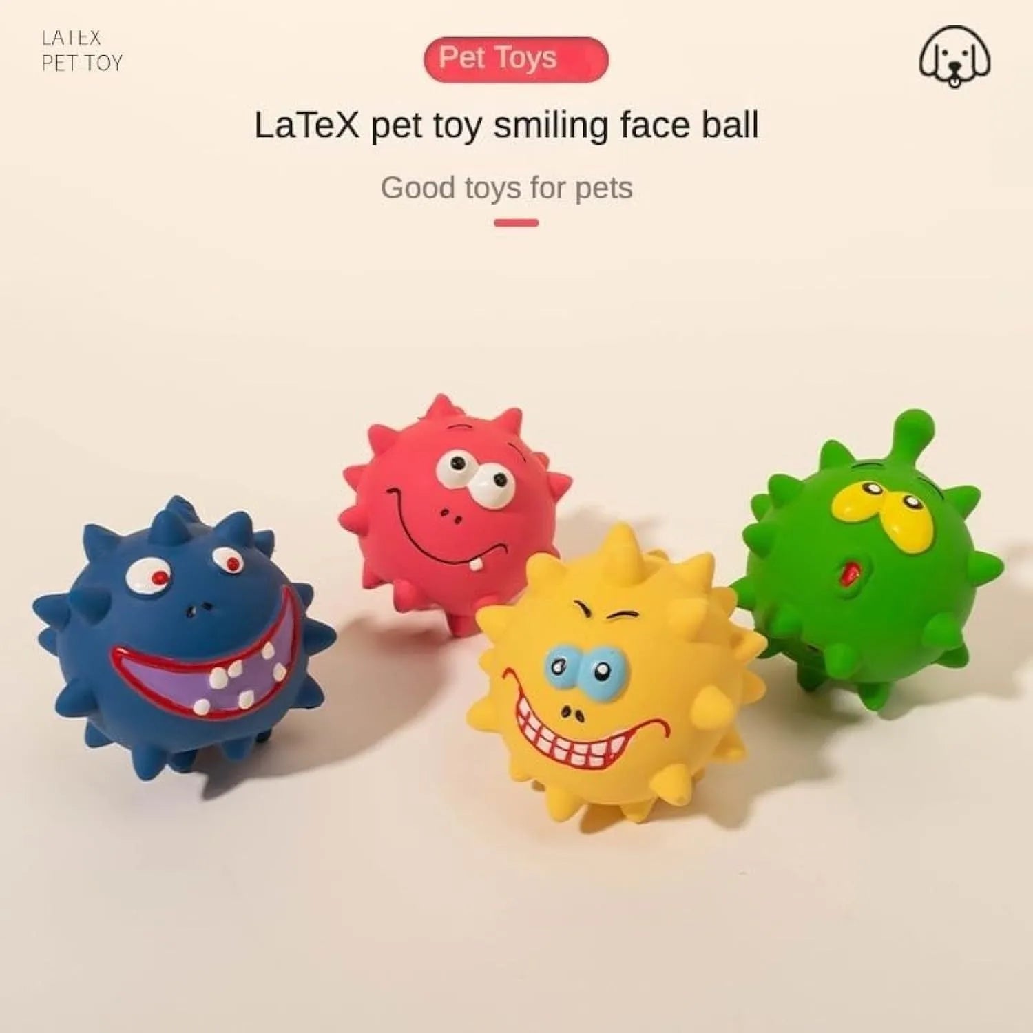 Four colourful natural latex rubber squeaky dog balls with cute faces measuring 7.5 cm