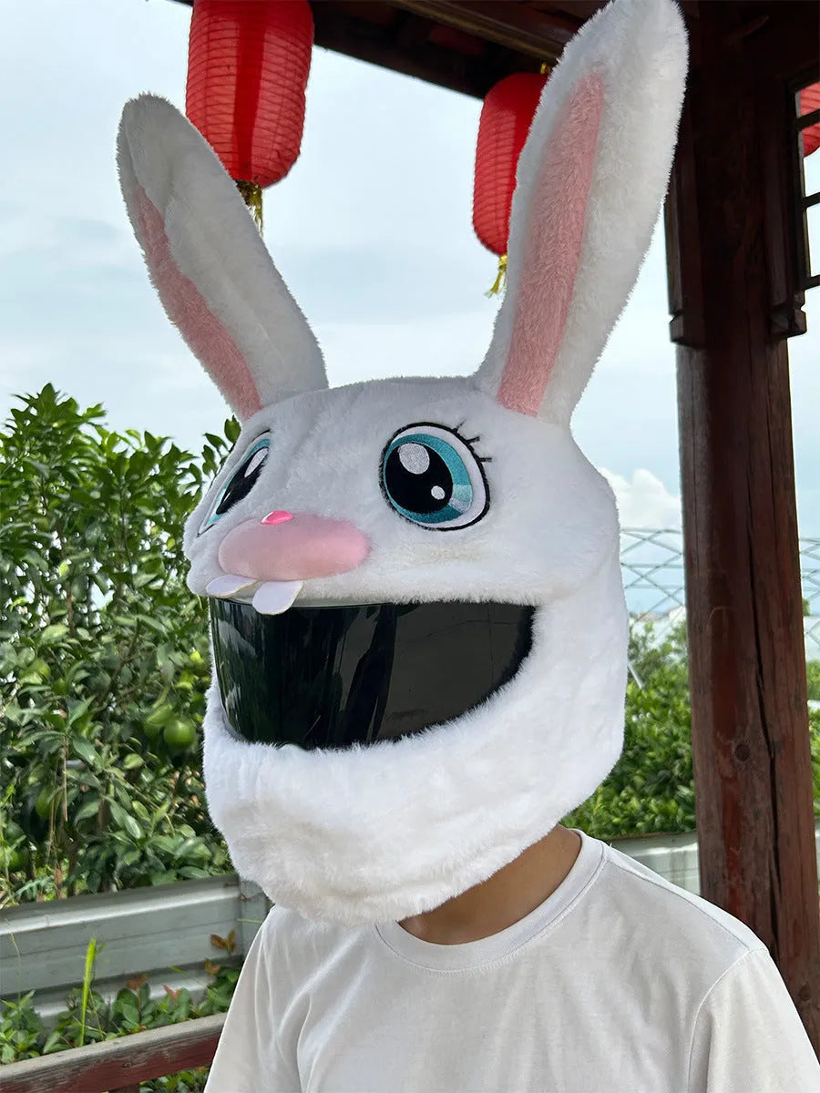White rabbit head plush cover for motorcycle helmet with long ears