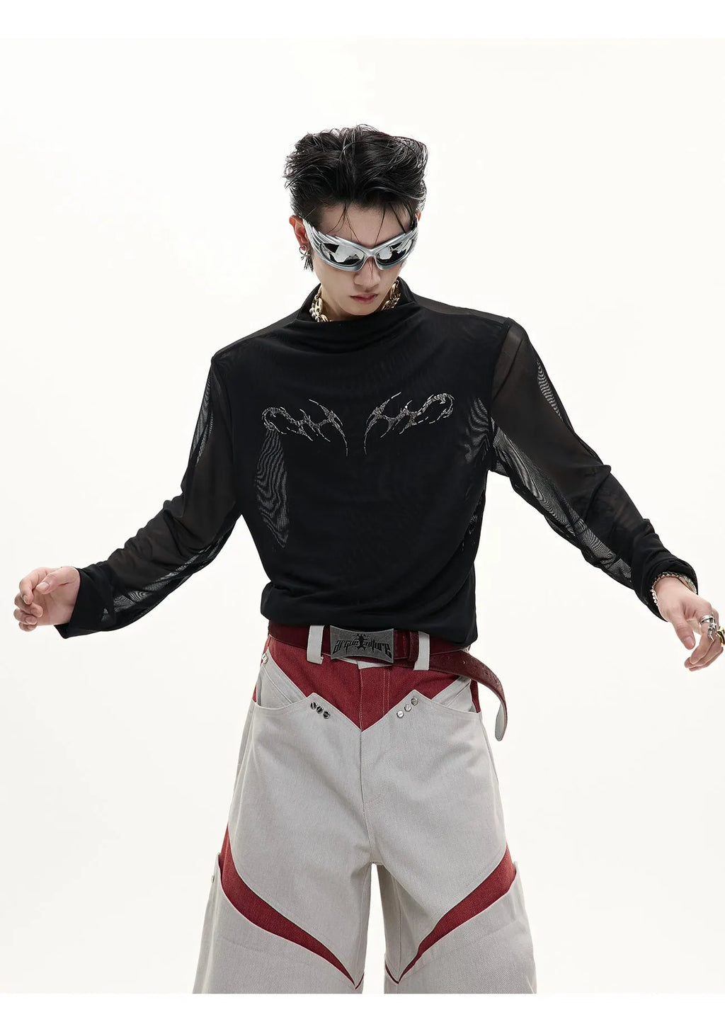 Black and white niche mesh ice-feeling slim bottoming shirt with long sleeves in sizes S to XL