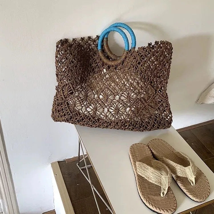 Handmade paper grass straw bag, square vertical, dark brown, 44cm wide, 36cm high, 10cm handle, polyester lining