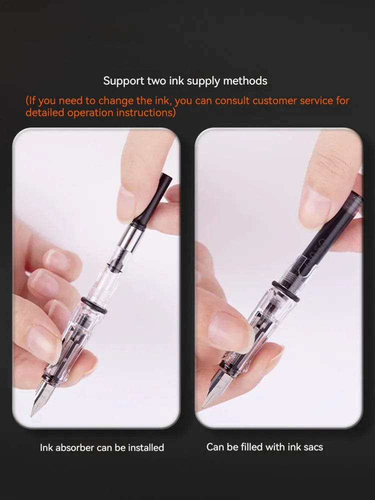 Automatic suction pen student writing set with plastic shell, two pen head sizes, and ink colour options