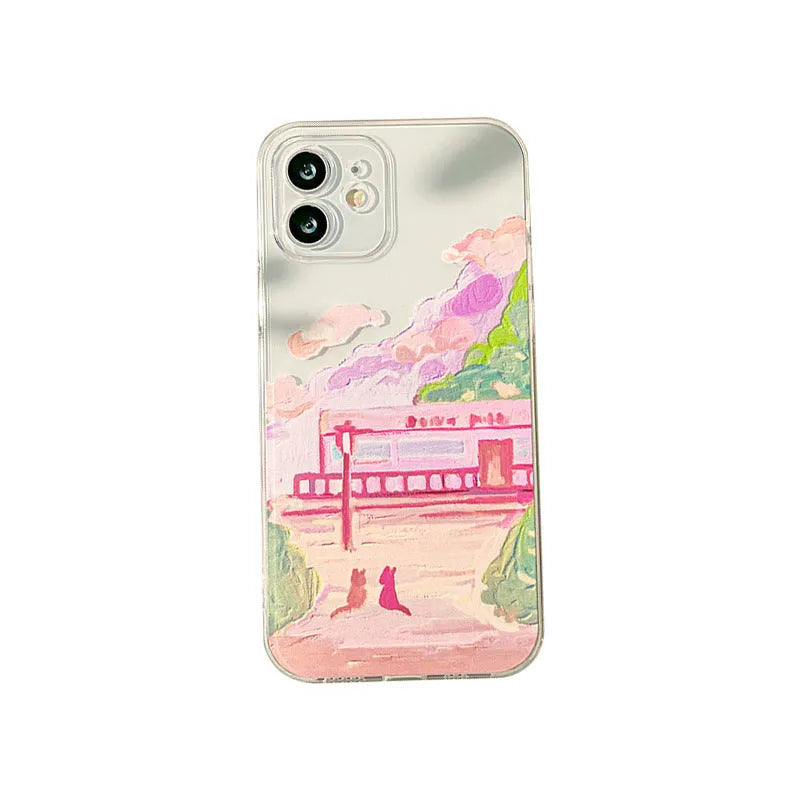 Soft silicone iPhone case with a colourful two-cat cartoon design on a white background.