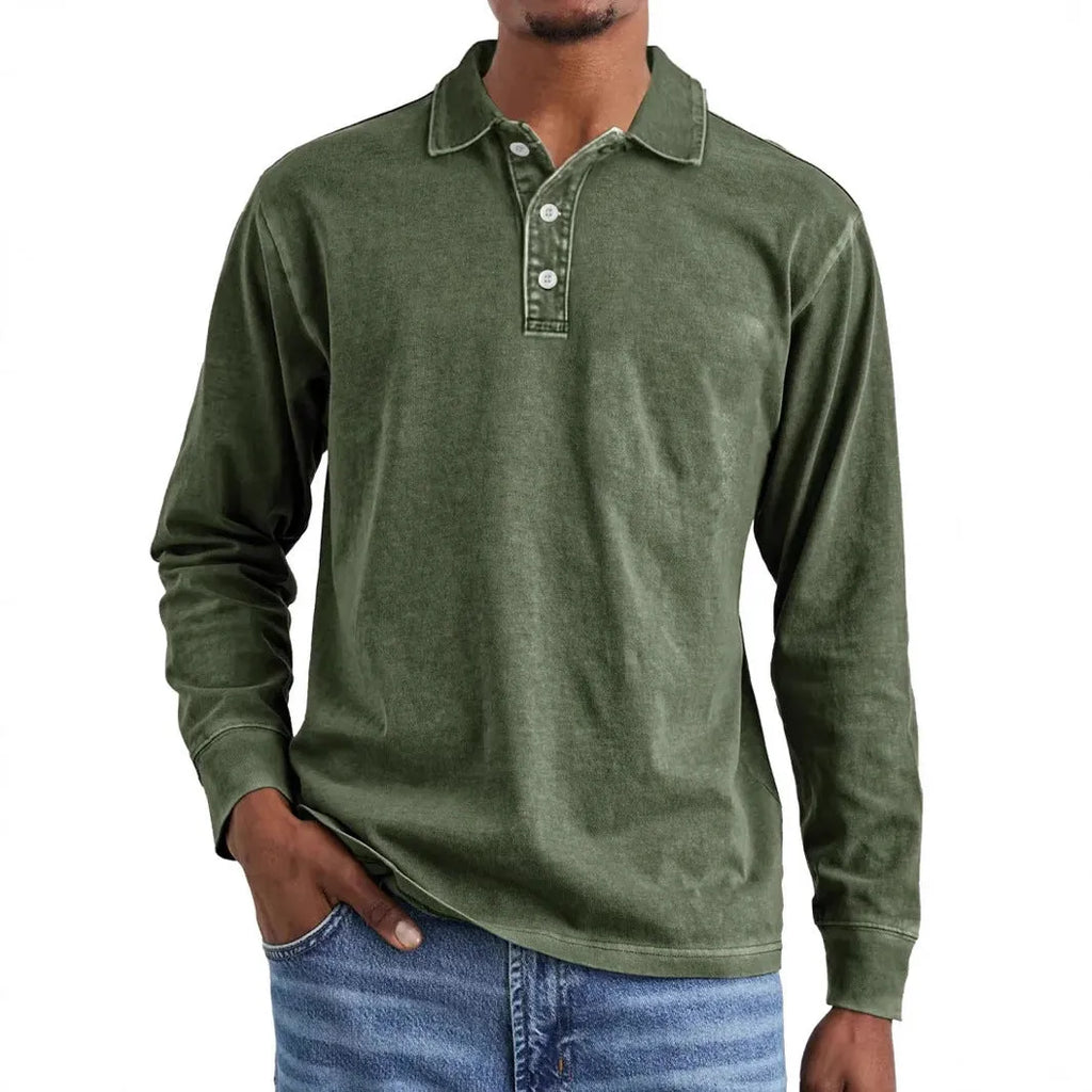 Retro washed pure cotton polo shirt with long sleeves and a lapel collar, shown in Army Green.