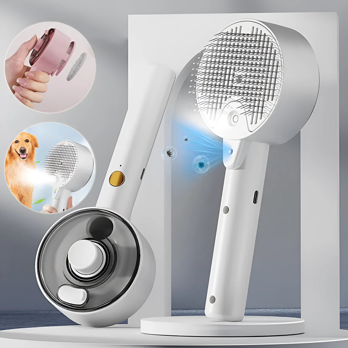 Ceramic white pet grooming brush with steam spray and UV light for dogs and cats