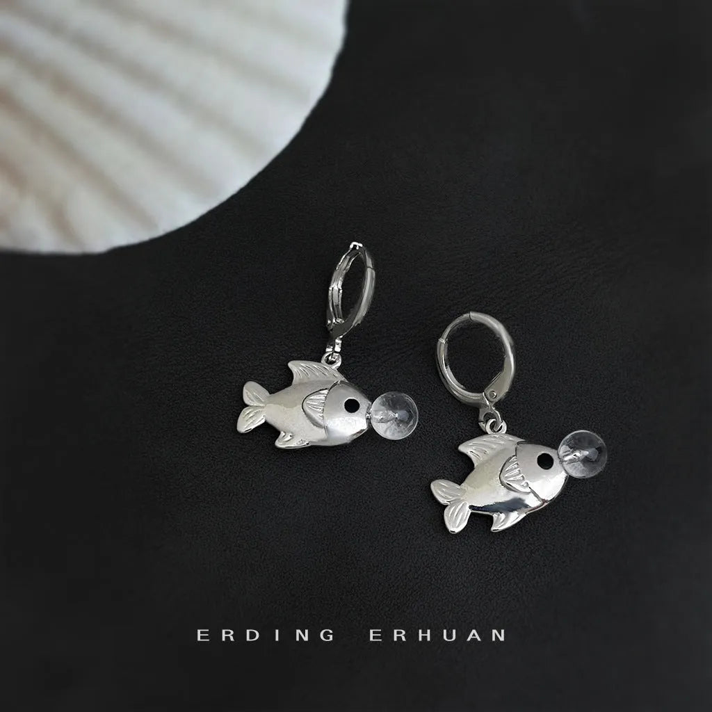 Bubble fish design copper earrings with goldfish elements and electroplated finish