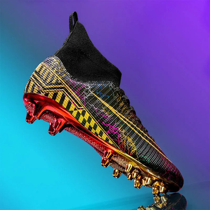 High-top soccer training shoes with gold plated bottom detail in synthetic leather and mesh construction