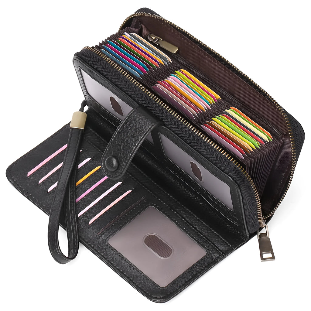 Expanding card holder women long wallet passport bag in light brown PU leather with anti-theft feature