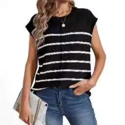 Women's striped sleeveless pullover vest in acrylic knit with bone stitching detail