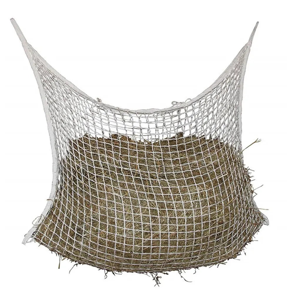 Black woven PE rope grid hanging feeding bag for horses and livestock.