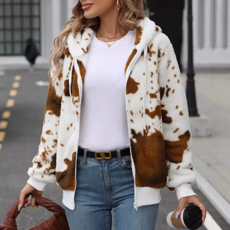 Yellow brown cow animal print hooded cardigan jacket with zipper front and street fashion styling