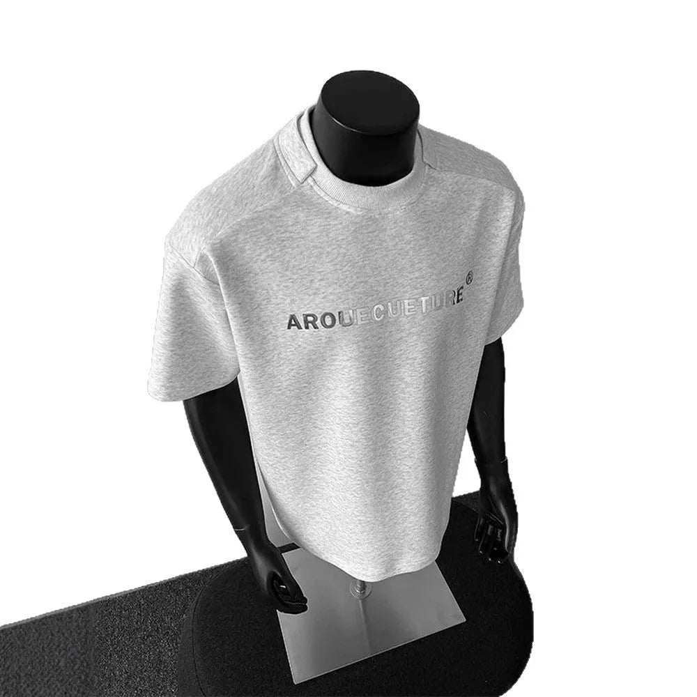 Men's loose fit pure cotton pullover t-shirt with letter pattern in black white and light gray for summer daily wear