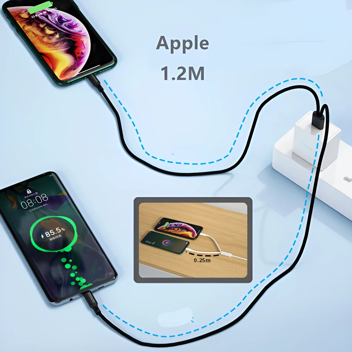 Black braided two-in-one Android charging cable with dual Micro USB connectors showing length options