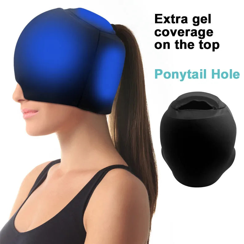 Solid colour fully enclosed cold compress cap for headache relief shown in black, pink, and dark blue options.