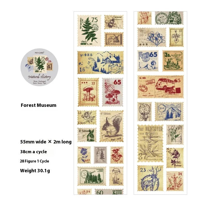 55mm wide retro DIY journal decoration stamp roll with butterfly, forest, bird and mushroom patterns