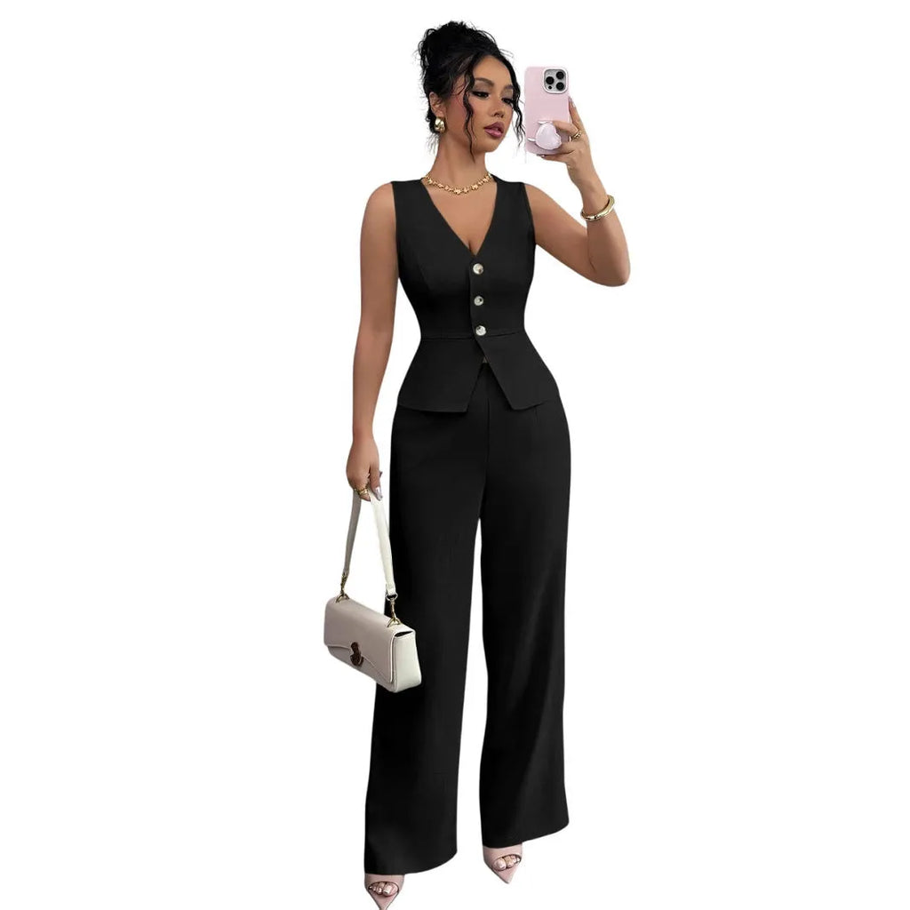 Women's solid colour sleeveless vest and high waist trousers two-piece set in a casual style.