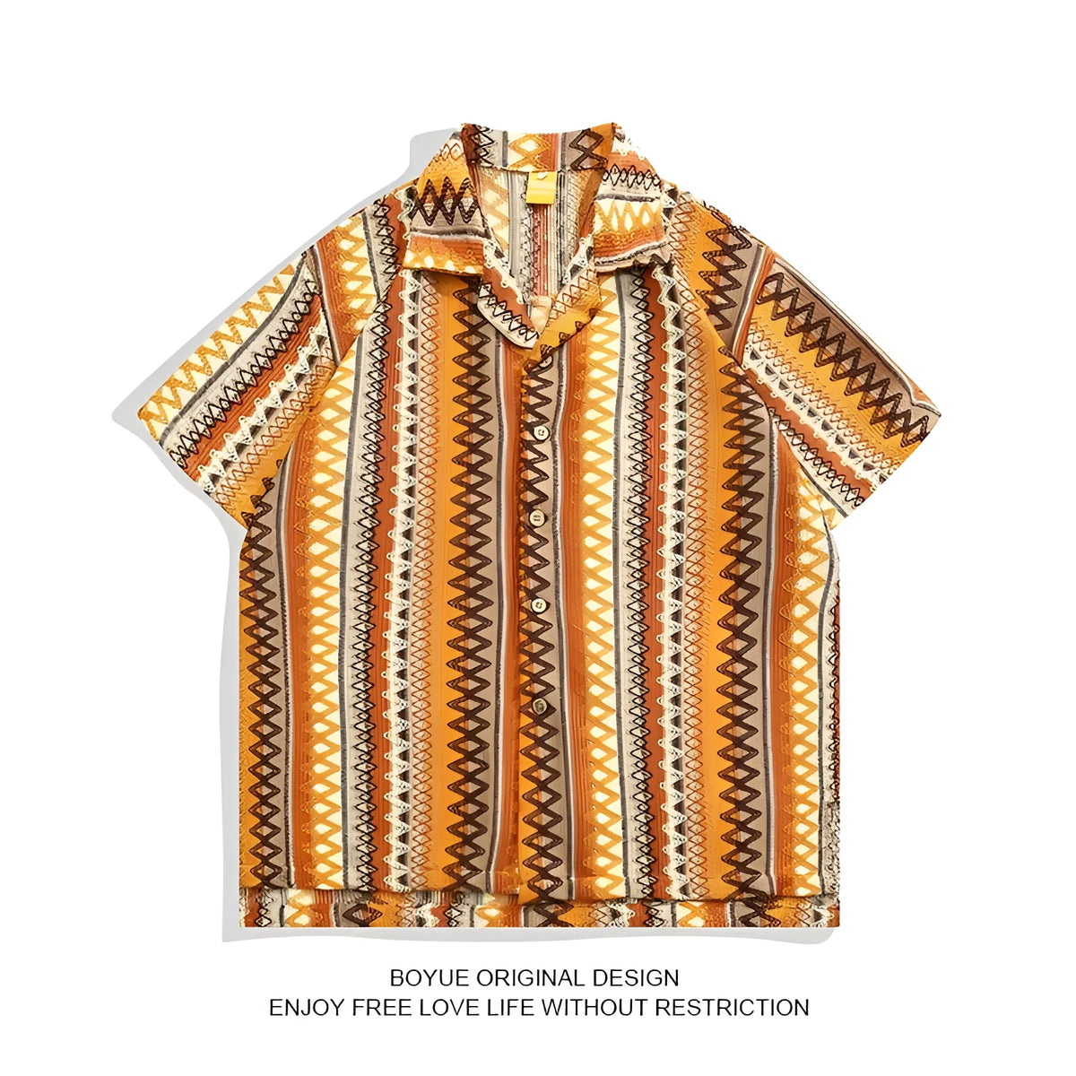 Loose fit Cuban collar shirt in a woven contrast colour pattern with drop-shoulder short sleeves.