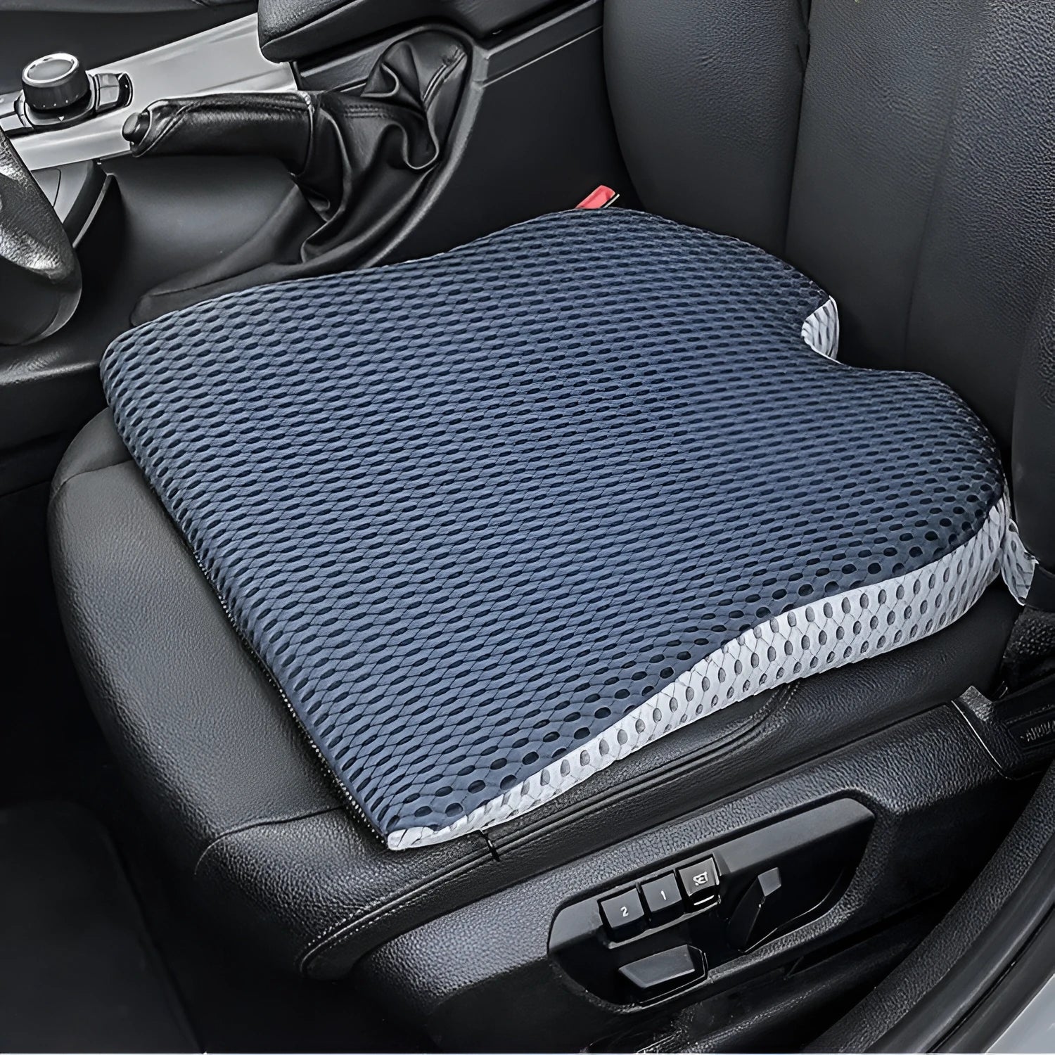 Memory foam car cushion with fixed straps in black colour on car seat