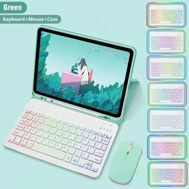Luminous RGB Bluetooth keyboard iPad case in black leather sheath with shockproof TPU protection and stand feature