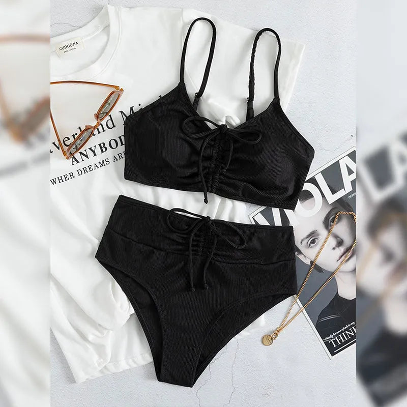 Black high waist bikini swimsuit with sling split design for women
