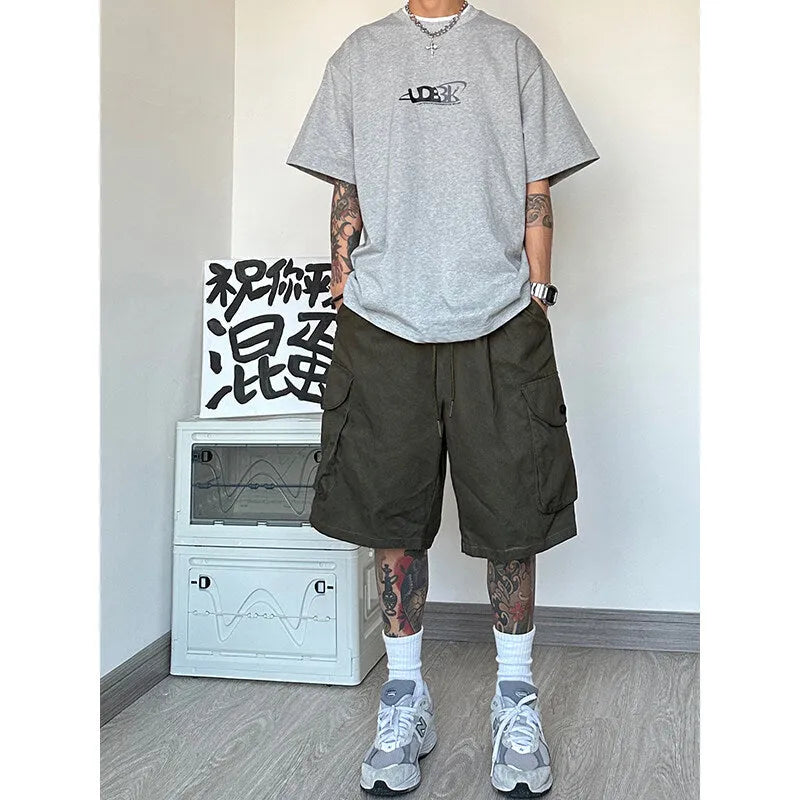 Loose straight casual shorts in American style with micro-elastic polyester fabric in blue colour