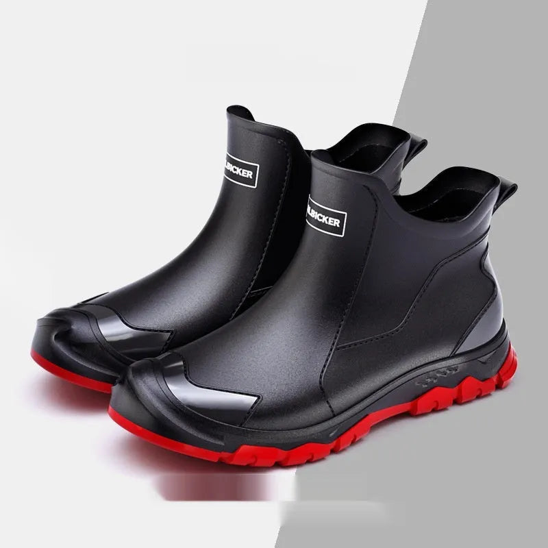 PVC outdoor wading shoes in black and red with a non-slip plastic sole and short-tube design.