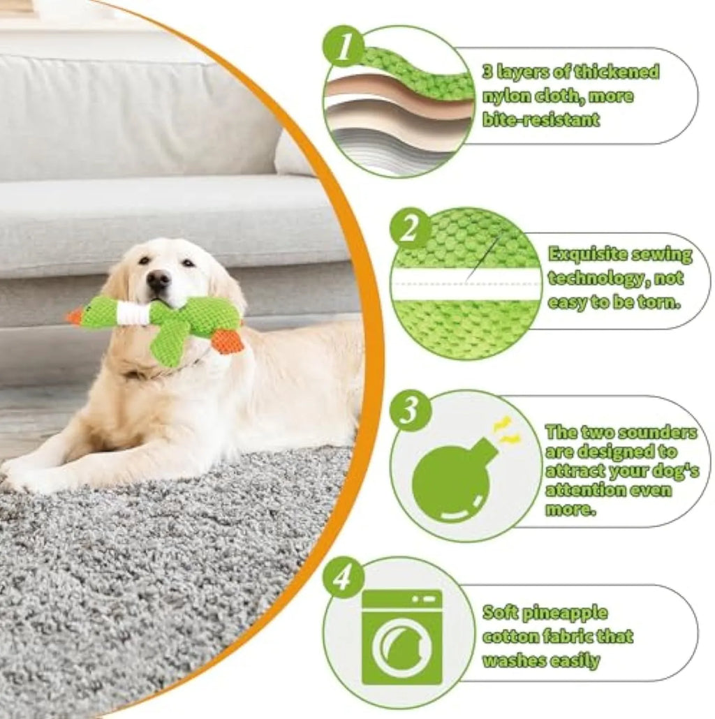 Blue duck-shaped dog plush toy with squeakers for chewing and interactive play