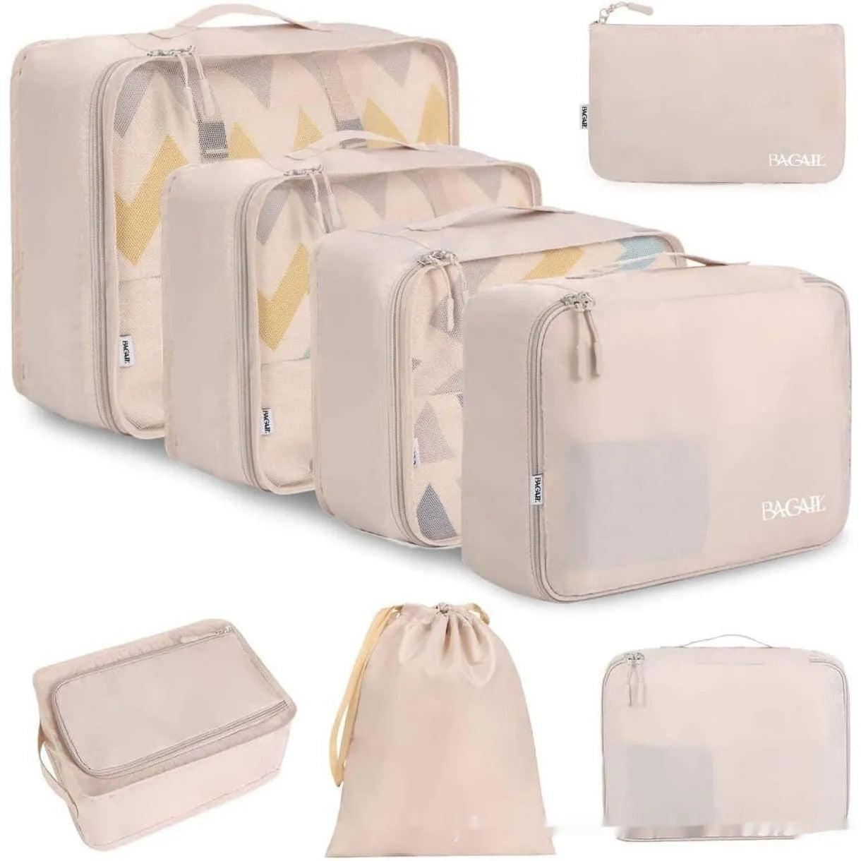 Cubic eight-piece travel packing set showing compression bags in various colours including beige, black, and pink leopard print