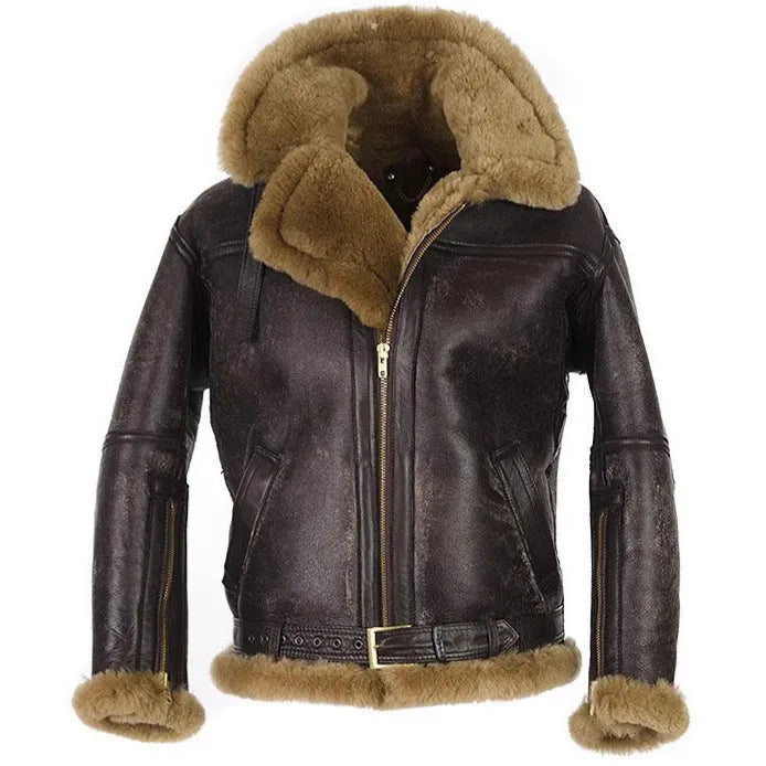Men's brown retro Western-style synthetic leather fur coat with straight hem