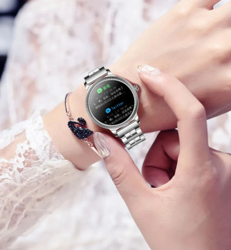 AK38 ladies smart watch with stainless steel bracelet and 1.09-inch colour screen