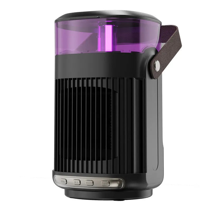 Black portable PTC heater with humidifier, showing front control panel and compact design.