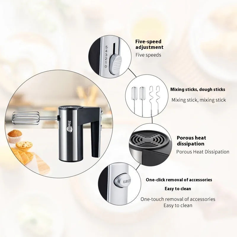 Silver and black handheld electric food mixer with two metal beaters, model SL-25209.
