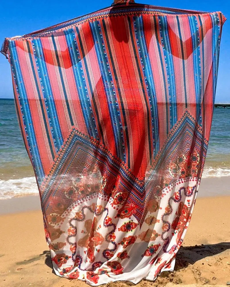 Women's three-piece swimsuit set showing high-waist briefs, cutout blouse top, and matching coat in picture colour