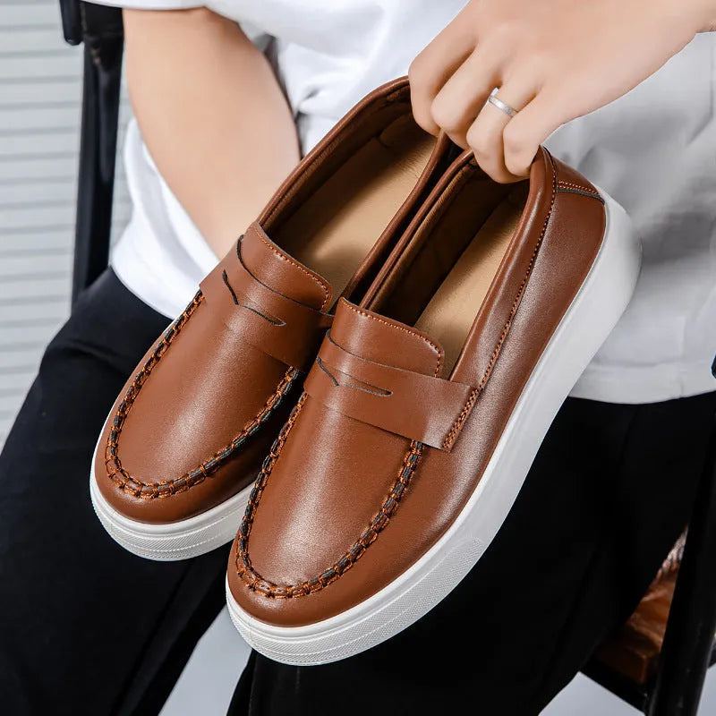 Men's casual leather slip-on shoes with round toe in black and white, khaki, or white options