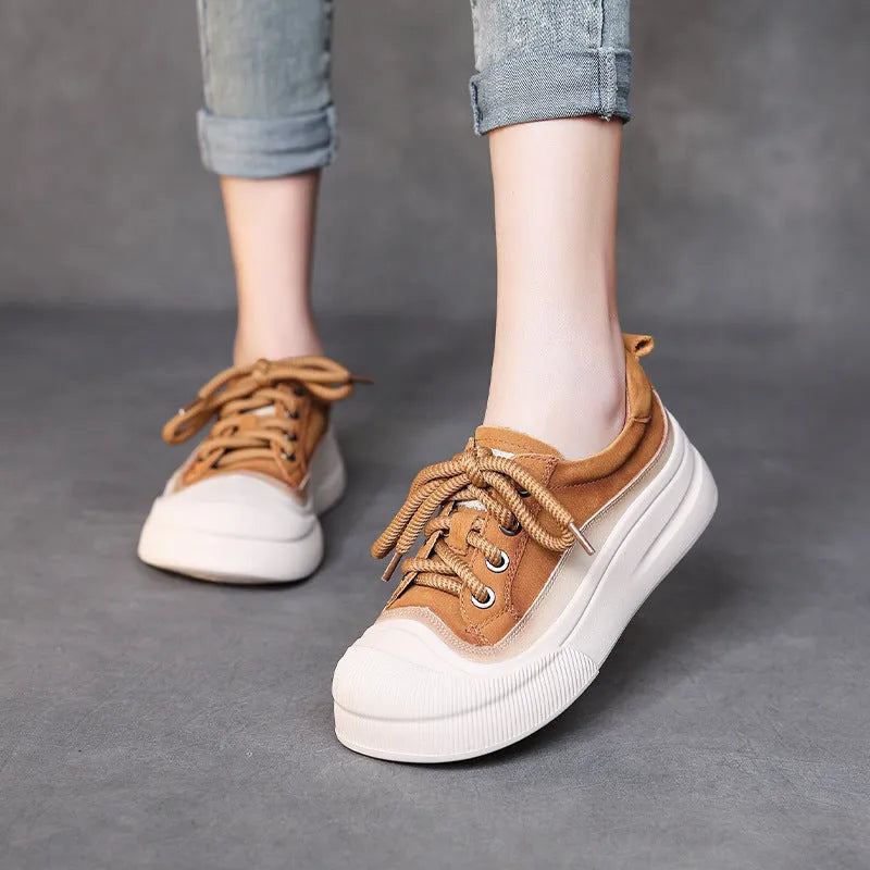 Women's casual lace-up shoes in cameo brown and yellow featuring round toe and first layer cowhide upper