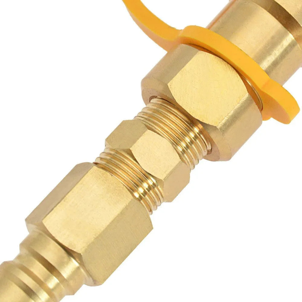 Gold brass 3/8 propane tank conversion charging connector with visible threads
