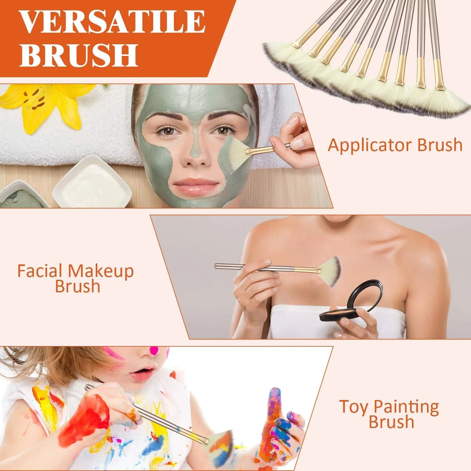 Set of 10 champagne-finish facial fan brushes with protective covers for professional makeup and skincare