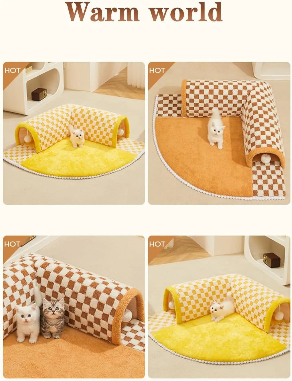 Brown and yellow plush plaid cat tunnel bed with central mat, shown in XL size for indoor cats.