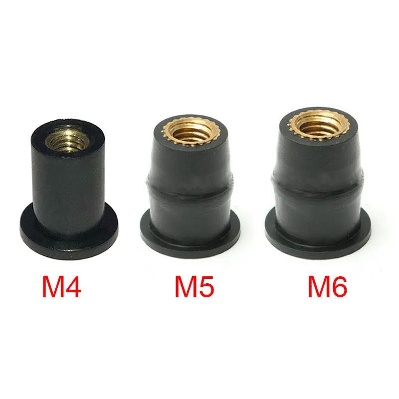 Black rubber expansion nut fasteners with brass inserts for motorcycle modifications in M4, M5, M6 sizes