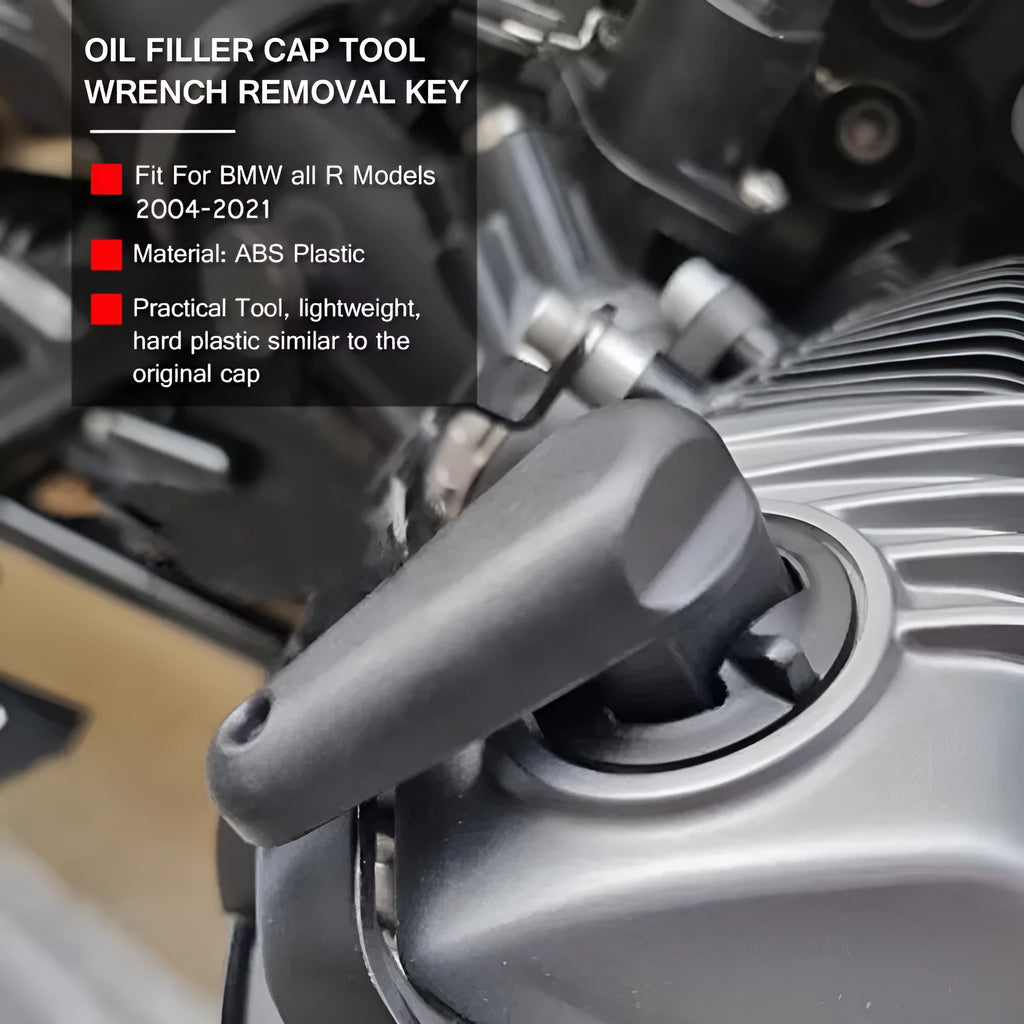 Black nylon adhesive quick release oil cap wrench for BMW R series motorcycles.