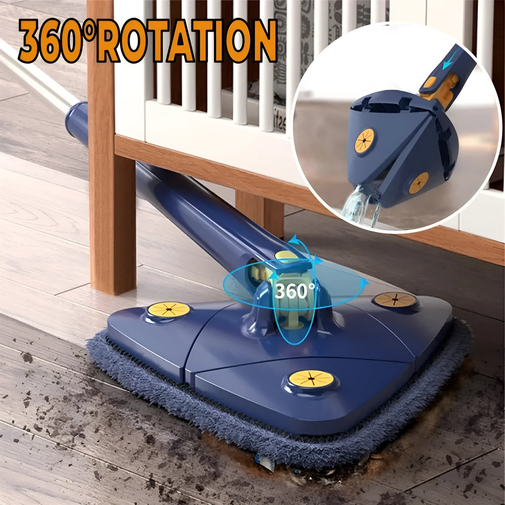 Blue extendable triangle cleaning mop with rotating head on stainless steel pole.