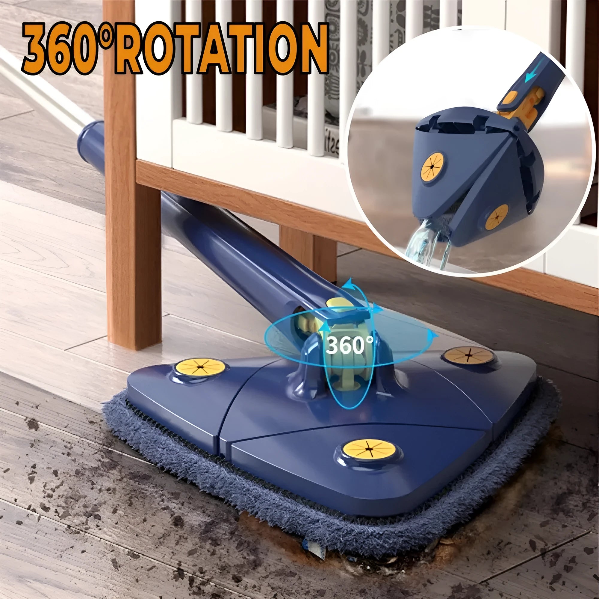 Blue extendable triangle cleaning mop with rotating head on stainless steel pole.