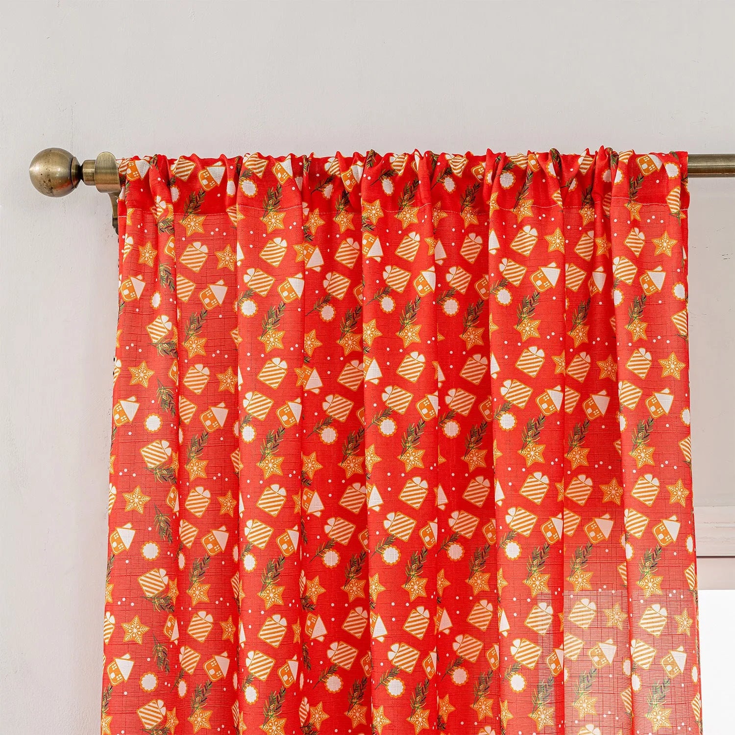 Christmas snowman angel print curtain panel in red colour with cartoon anime figures