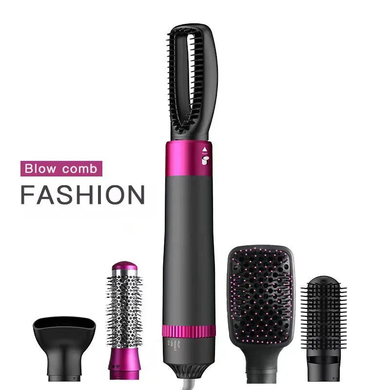 Dyson grey 5-in-1 hair dryer brush styler with five brush attachments on a white background.