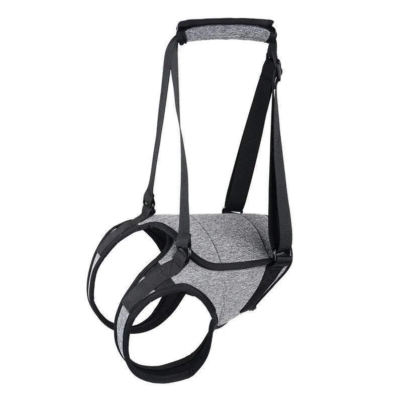 Grey neoprene dog recovery belt for injured rear legs, showing adjustable waist and thigh straps.