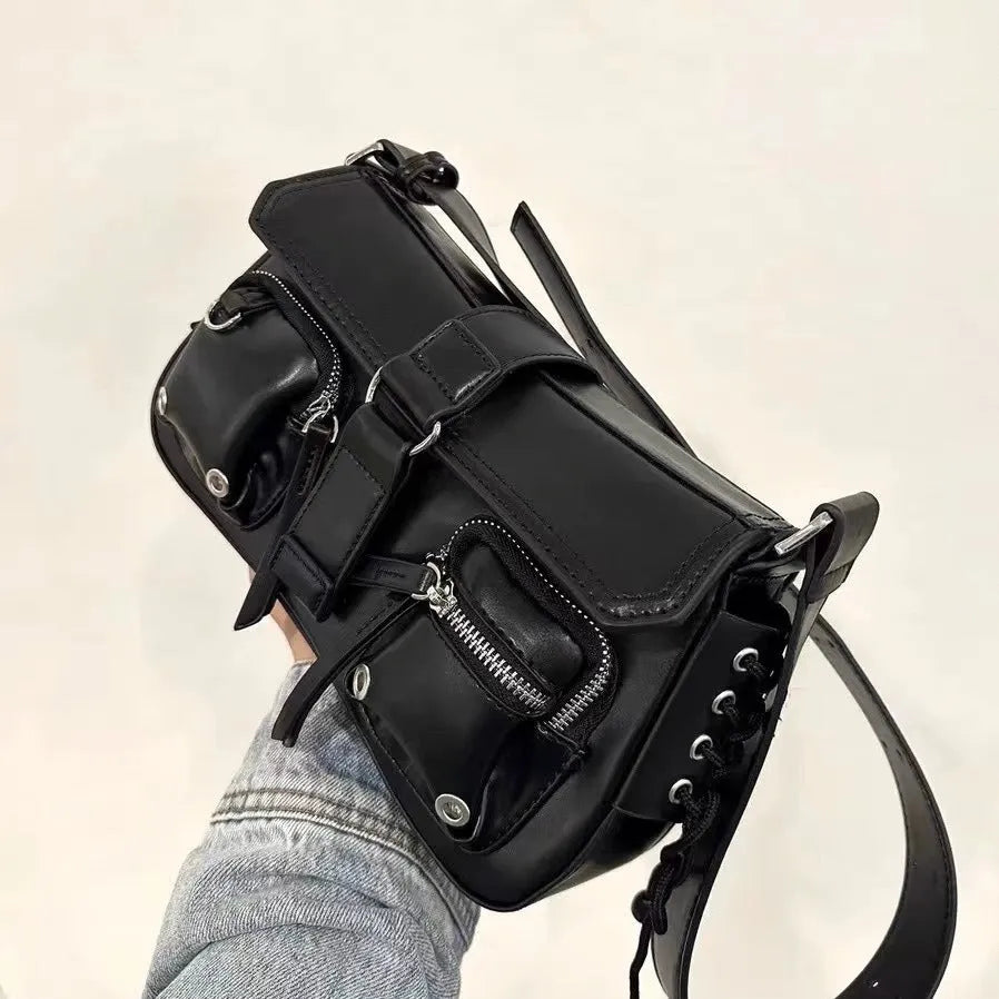 Black structured PU leather women's messenger bag with an adjustable shoulder strap.