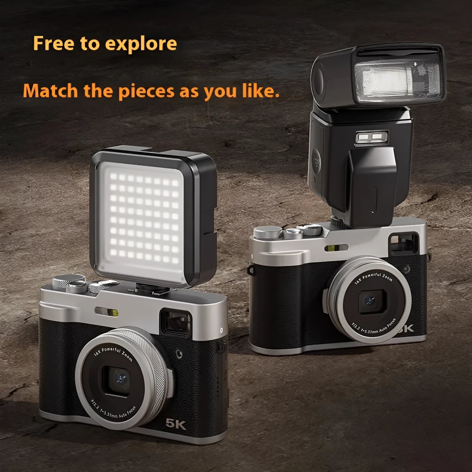 Black 5K HD digital camera with front and rear lenses, 2.88-inch screen, and optical viewfinder on a table with accessories.