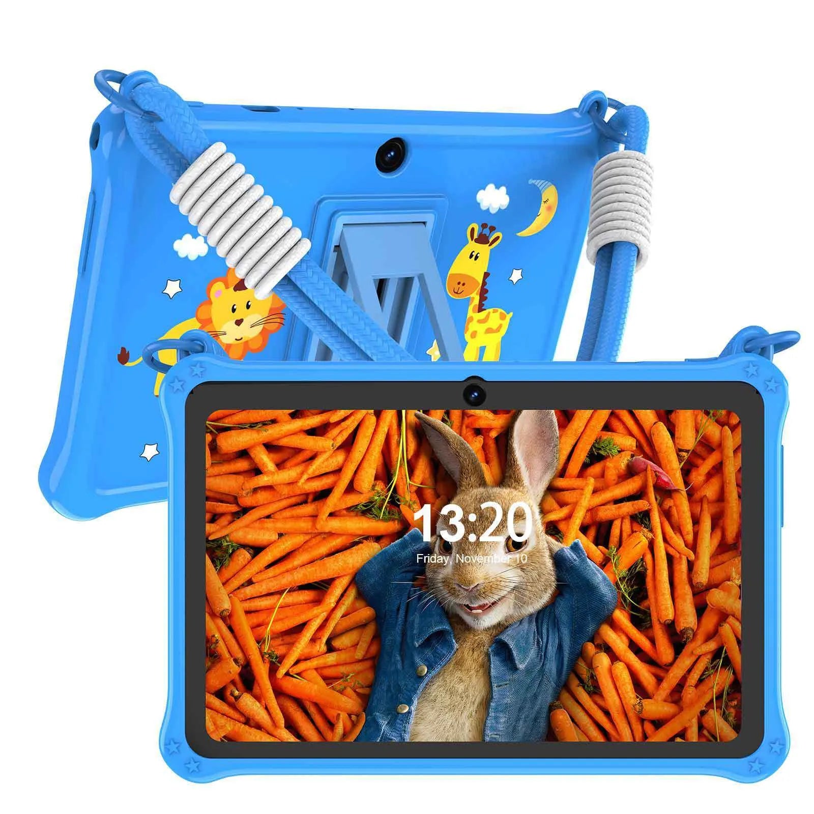 Sapphire blue silicone protective case for a 7-inch children's tablet, showing the integrated flat strap.